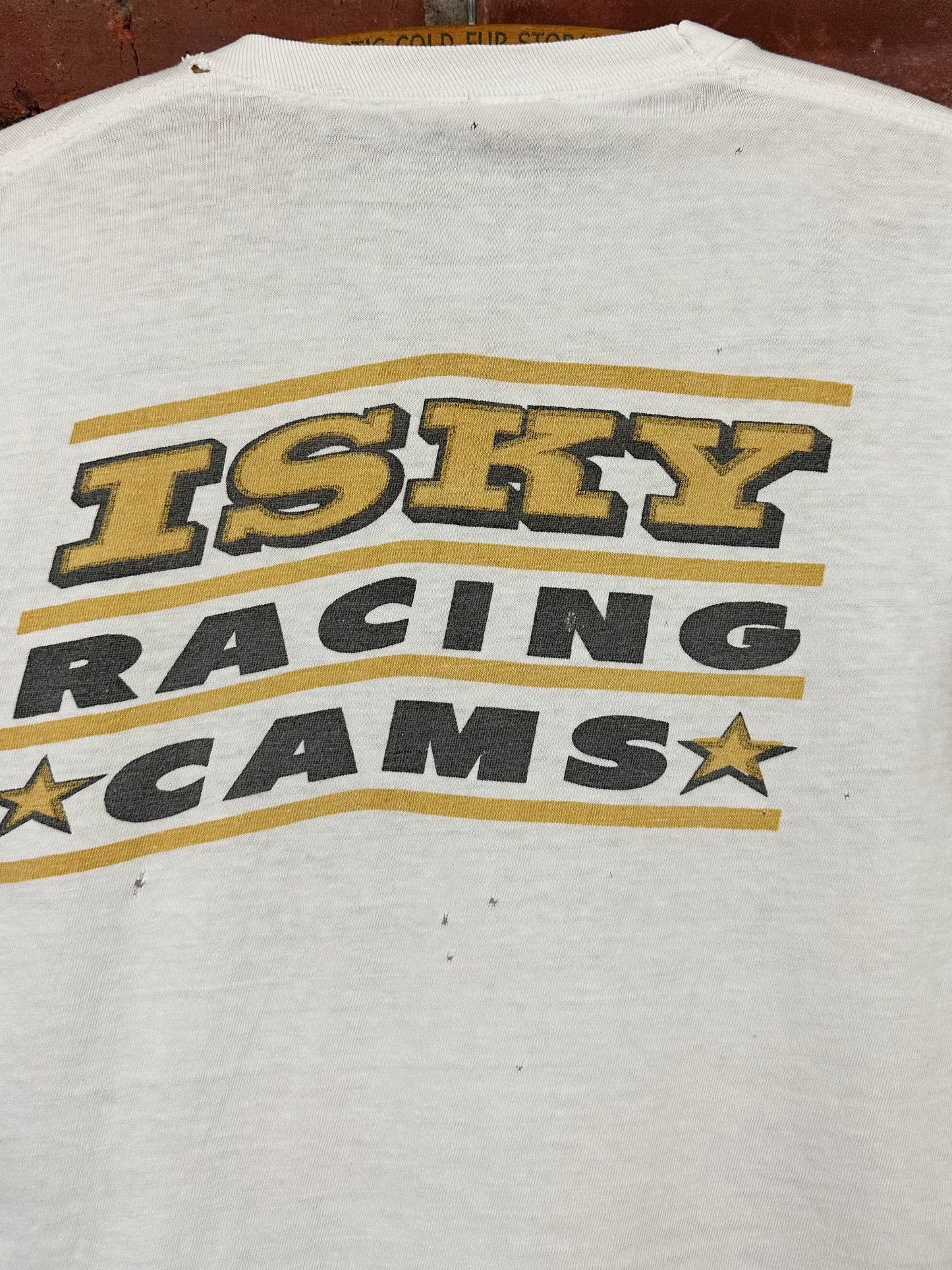 Vintage 60s 1960s 1969 ISKY CAMS Bonneville Nationals Sponsor T-Shirt SCCTA Iskenderian Camshafts Hot Rod Drag Racing Thrashed Distressed White Russell Mens Extra Small XS 18.5"W 22.5"L