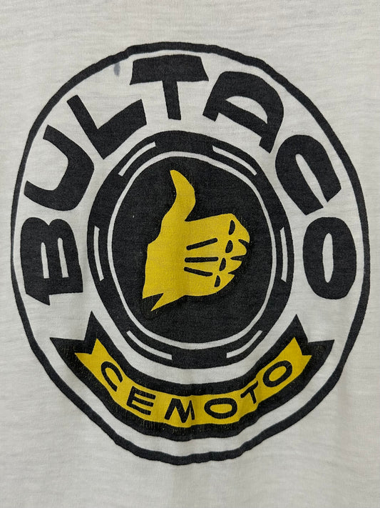 Vintage 70s 1970s BULTACO Cemoto Motorcycles Biker T-Shirt Motocross Dirt Bike Paper Thin Burnout White Towncraft Label Mens Medium M