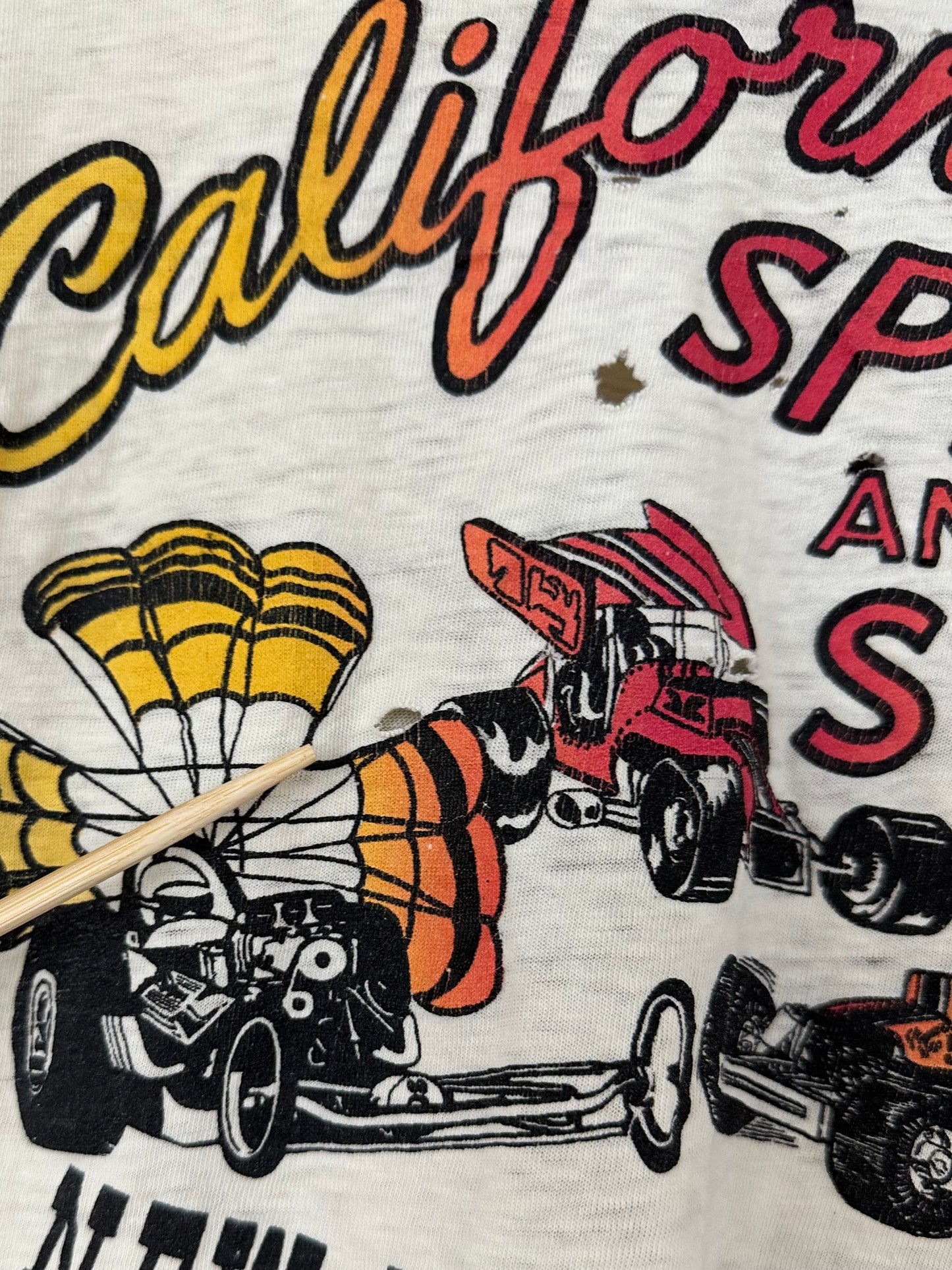 Vintage 60s 1960s CALIFORNIA SPEED and SPORT SHOP T-Shirt Hot Rod Drag Racing Thrashed Distressed Off White Mens Small S