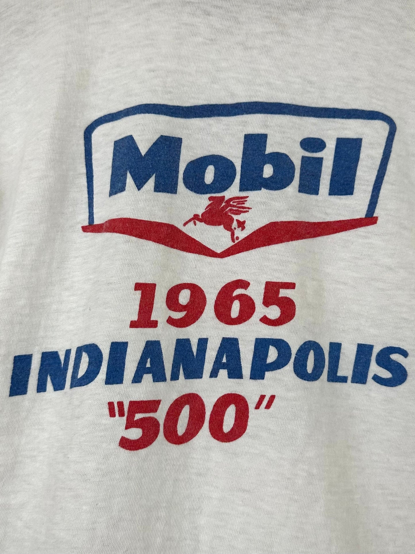 Vintage 60s 1960s 1965 MOBIL INDIANAPOLIS 500 Sponsor T-Shirt Indy Car Racing Automotive Motor Oil Gasoline Gas White DeJac De-Jac Label Mens Small S  18x25.5