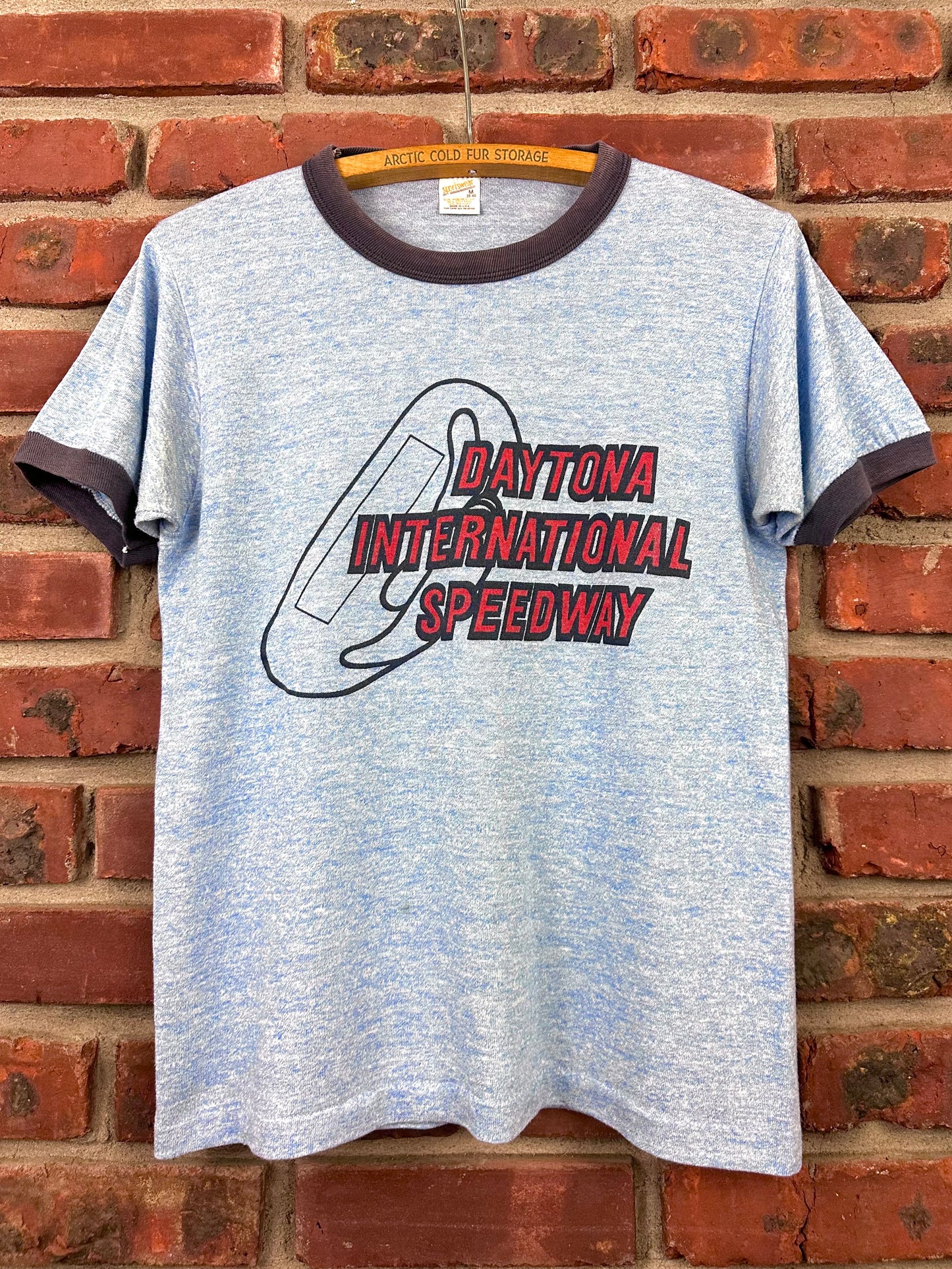 Vintage 80s 1980s DAYTONA INTERNATIONAL SPEEDWAY Ringer T-Shirt Rayon Blend Heather Blue Sportswear Label Mens Small S