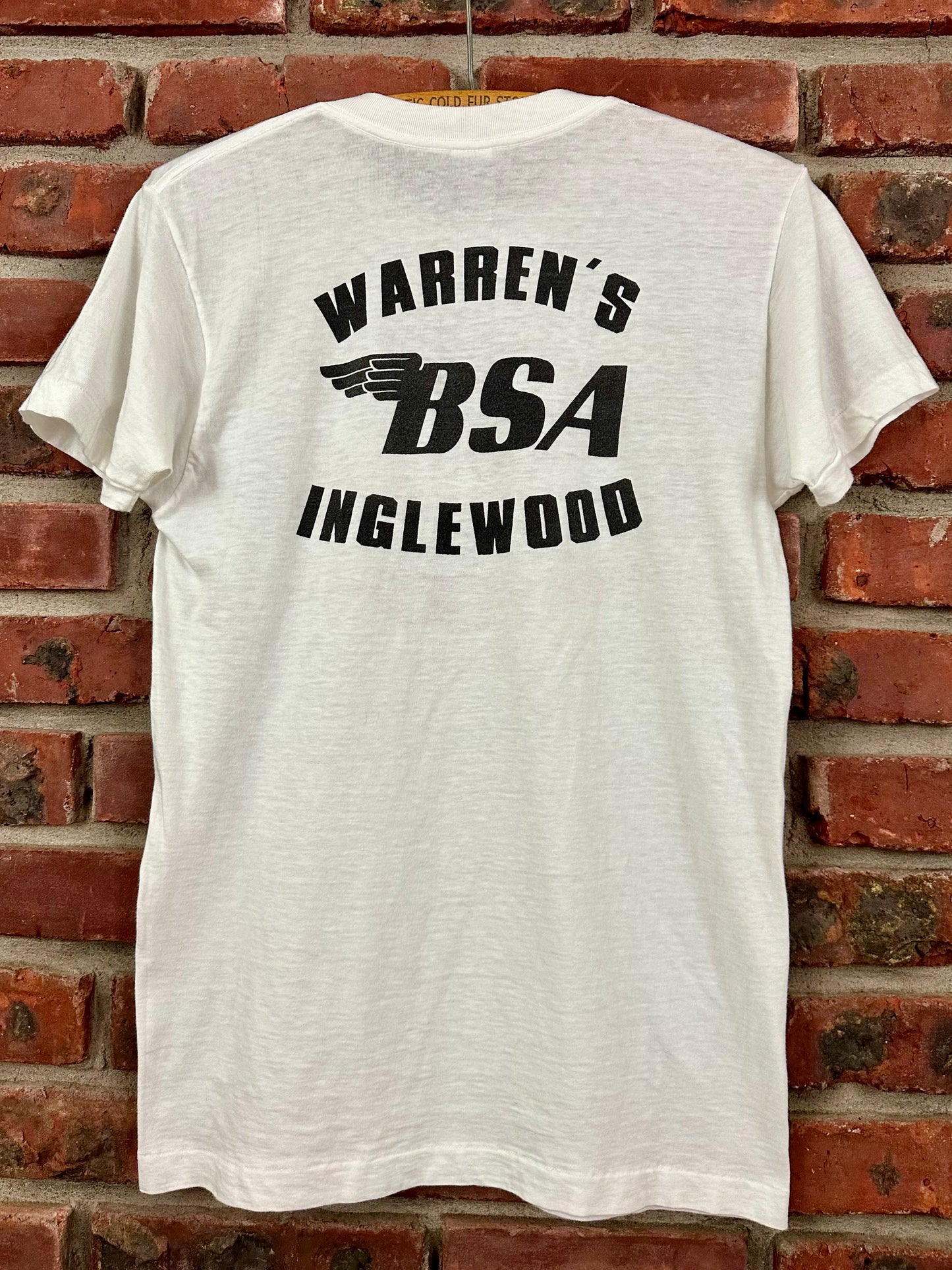 Vintage 60s 1960s BSA Motorcycles Dealer T-Shirt Warrens Inglewood California White Amcrest Label Mens Small S 17.25x26