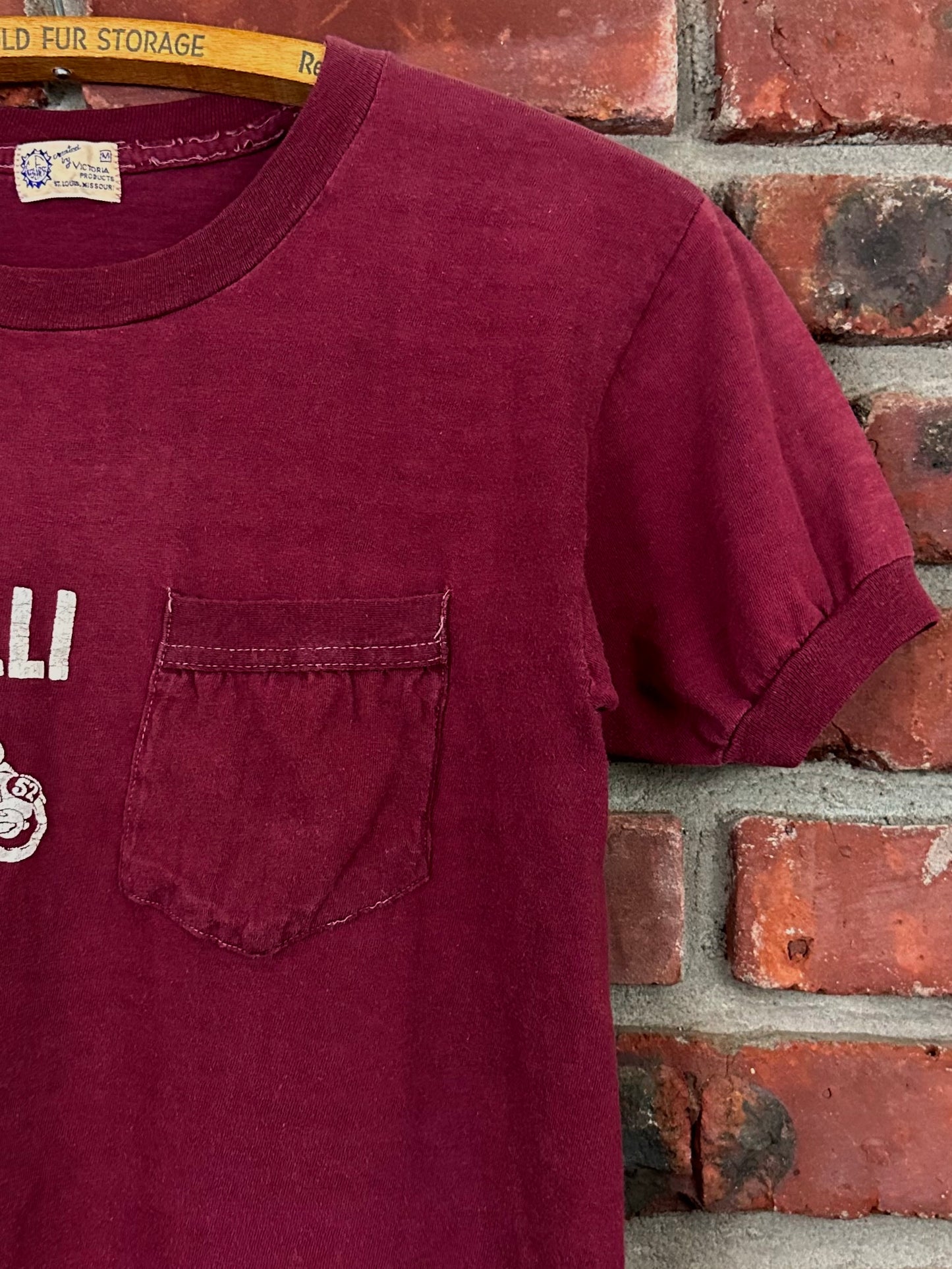 Vintage 50s 1950s BENELLI Motorcycles Dealer Promo Pocket T-Shirt Soft Faded Burgundy Red Victoria Products Mens Extra Small XS