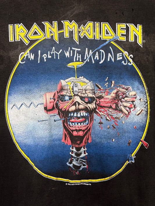 Vintage 80s 1980s 1988 IRON MAIDEN Can I Play with Madness Heavy Metal Rock Concert Tour T-Shirt Seventh Son Faded Black Spring Ford Label Mens Small S