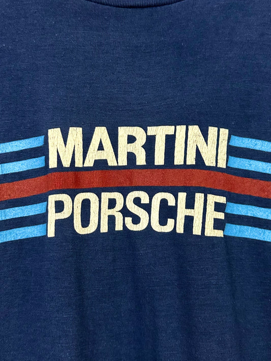 Vintage 70s 1970s MARTINI PORSCHE Formula One F1 Le Mans Racing Livery T-Shirt Faded Navy Blue Sportswear Label Mens M Medium