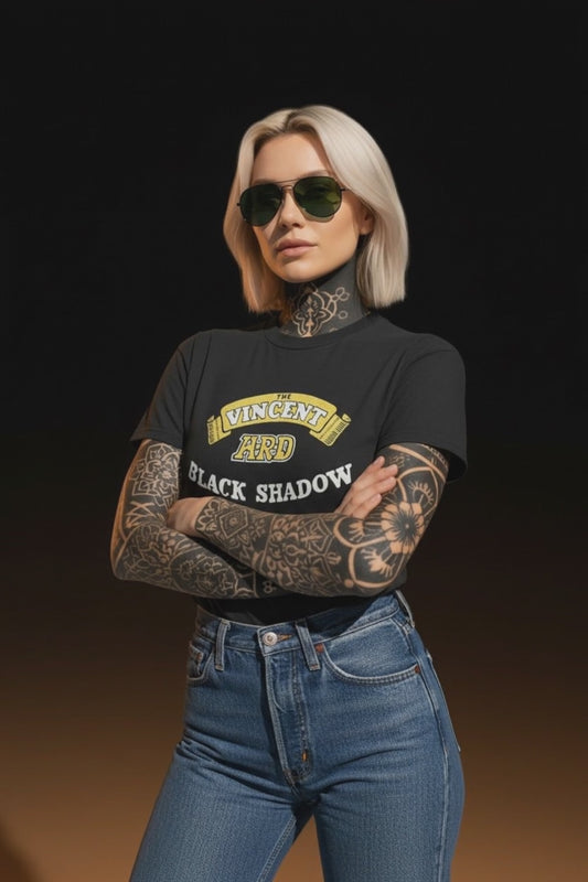 Vintage 70s 1970s THE VINCENT HRD Black Shadow Motorcycle T-Shirt Classic Motorcycles Of Santa Cruz California CA Dealer British Biker Soft Faded Black Hanes Label Mens Small S 17.25x26