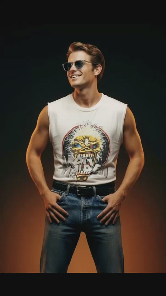 Vintage 80s 1980s 1988 IRON MAIDEN Seventh Son Of A Seventh Son Heavy Metal Rock Concert Tour Sleeveless T-Shirt Cut-Off Tank Top Thin Soft Faded White America Project Label Mens Medium M 19.25x27