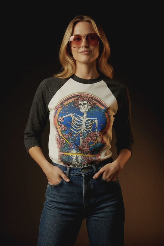 Vintage 80s 1980s 1980 GRATEFUL DEAD Rock Concert Tour T-Shirt Raglan Sleeve Jersey Bertha Rose Garden Alton Kelley Stanley Mouse Paper Thin Burnout Mens Medium M