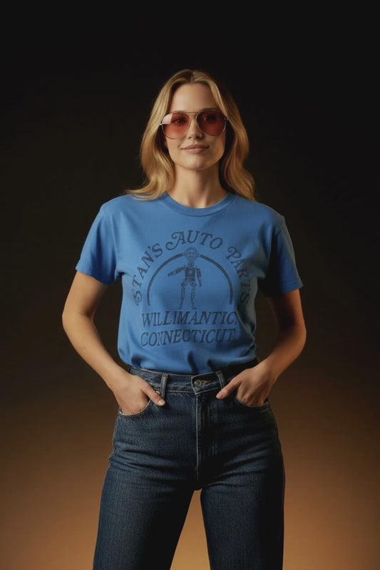 Vintage 60s 70s 1960s 1970s STANS AUTO PARTS Willimantic Connecticut T-Shirt Car Repair Mechanic Blue Hanes Mens Small S