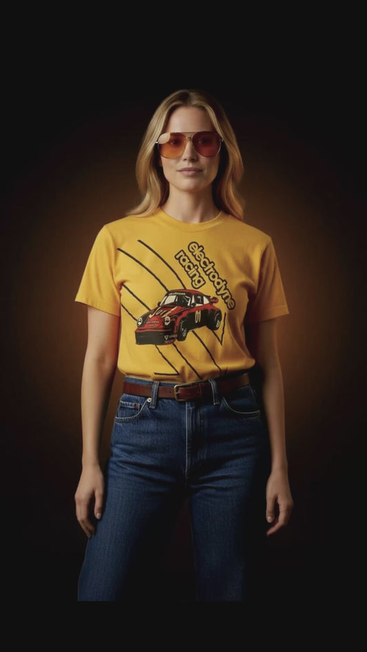 Vintage 80s 1980s ELECTRODYNE RACING Porsche 934 RSR Turbo 911 Carrera T SHIRT Automotive Auto Yellow Mens Small S *******CW