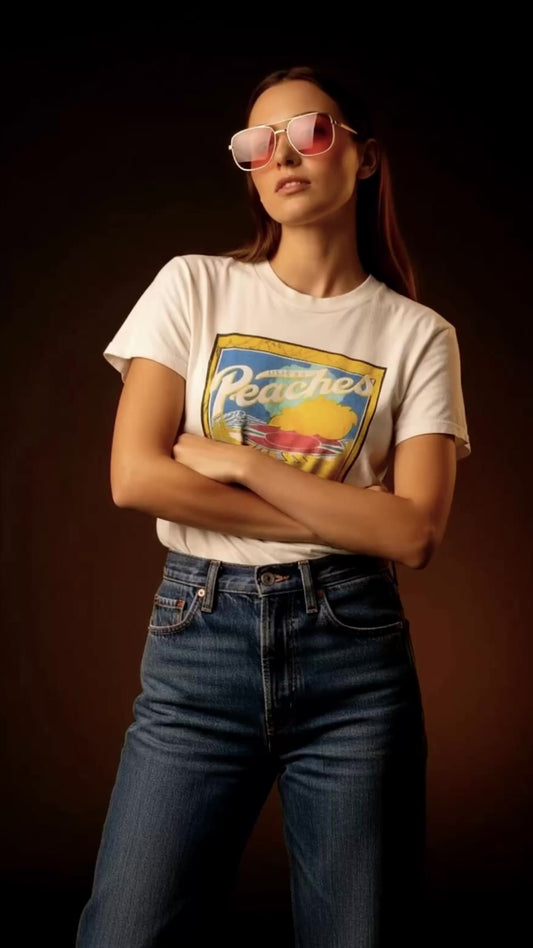 Vintage 70s 1970s PEACHES RECORDS & TAPES Music Store T-Shirt Rock Concert Thrashed Distressed Soft Faded White Mens Small S