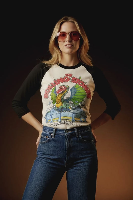 Vintage 80s 1980s 1981 THE ROLLING STONES Tattoo You North American Rock Concert Tour T-Shirt Raglan Sleeve Jersey Sold Out Fall Dates Dragon Stadium Paper Thin Burnout Soft Faded Mens Small S 17.25X26.5