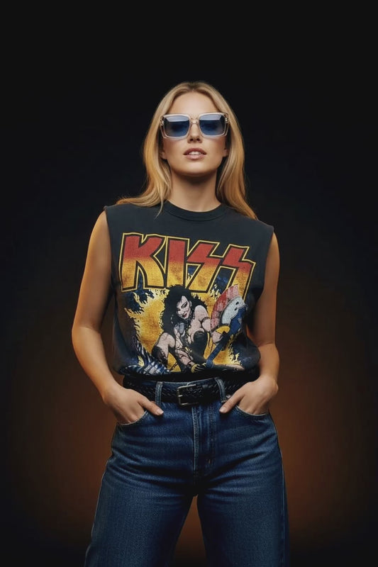 Vintage 80s 1980s 1984 KISS ROCKS TEXAS Animalize Rock Concert Tour T SHIRT Sleeveless Cut-Off Thrashed Distressed Paper Thin Faded Black Mens Medium M *****