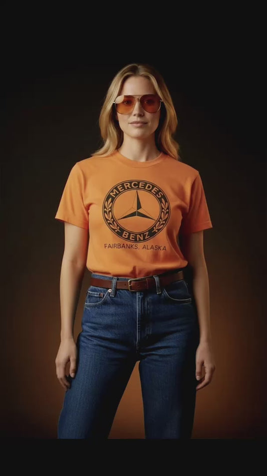 Vintage 70s 1970s MERCEDES-BENZ Dealer T-Shirt Fairbanks Alaska AK Thrashed Paper Thin Burnout Faded Orange Mens Extra Small XS 16.5x25