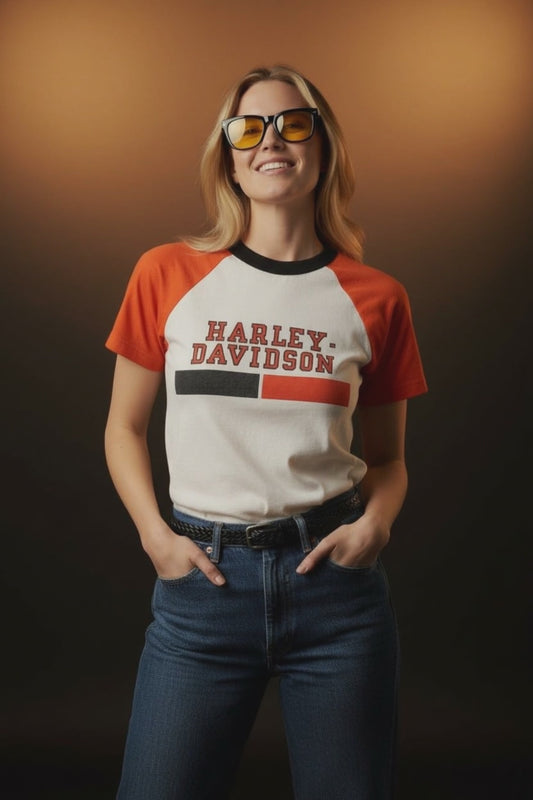 Vintage 70s 1970s HARLEY DAVIDSON Motorcycles T-SHIRT Champion Blue Bar Mens Small S