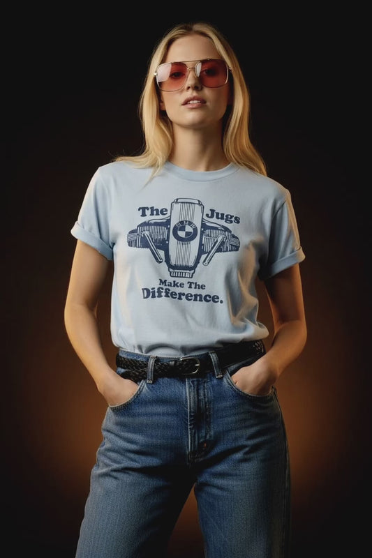 Vintage 70s 1970s BMW Motorcycles Dealer T-Shirt “The Jugs Make The Difference” Four Seasons Medina Ohio Blue Mens S 18.5X24.75