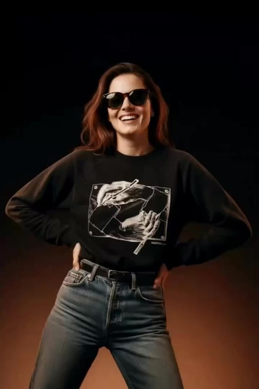 Vintage 90s 1990s 1991 MC ESCHER Drawing Hands Raglan Sleeve SWEATSHIRT M.C. Maurits Cornelis Escher Dutch Graphic Artist Fine Art Modern Art Black Oneita Mens Small S