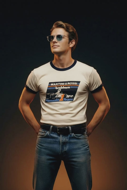 Vintage 70s 1970s MARTINI & ROSSI BRABHAM Formula 1 Team F1 Ringer T SHIRT Formula One BT44B Car Grand Prix Auto Racing Automotive White Hanes Label Mens Large L*******CW